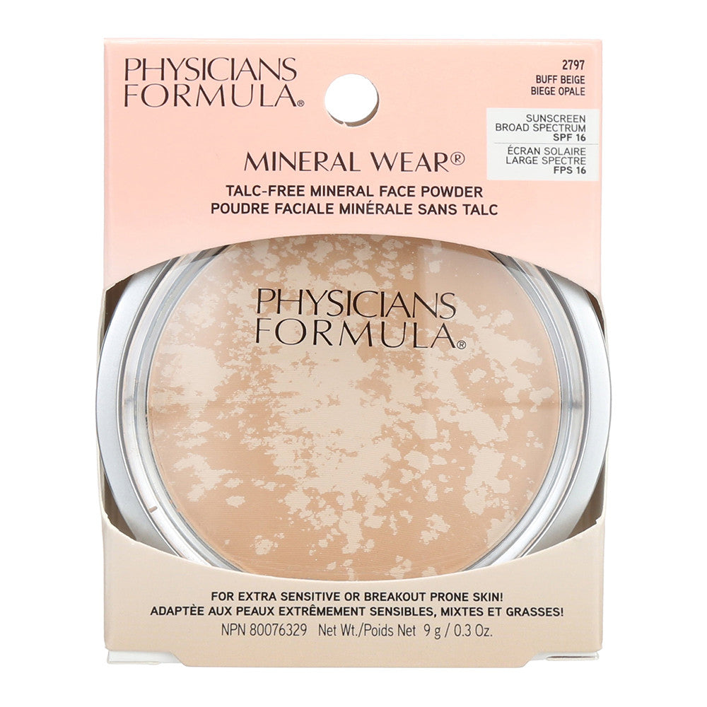 Physicians Formula Mineral Wear Pressed Face Powder Foundation, Light Coverage, SPF 16, Buff Beige, 0.3 oz